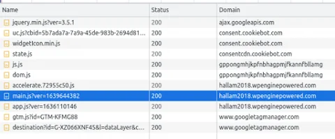 ตัวอย่างของรายการโดเมนเมื่อกรองสำหรับ '*.wpenginepowered.com'
