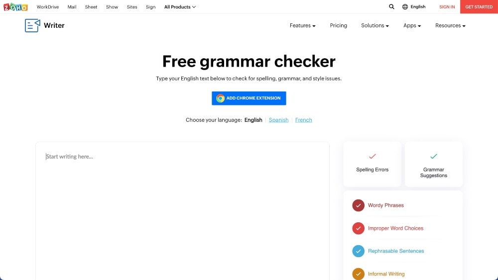 Sito web di Zoho Writer