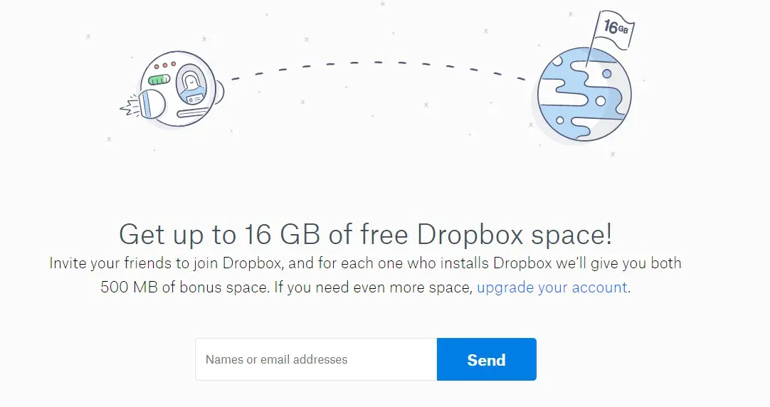 screenshot dell'offerta di marketing di riferimento di Dropbox