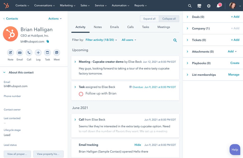 หน้าจอฮับสปอต SaaS Marketing Automation