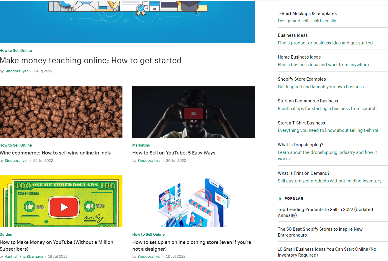 Screenshot del blog di Shopify