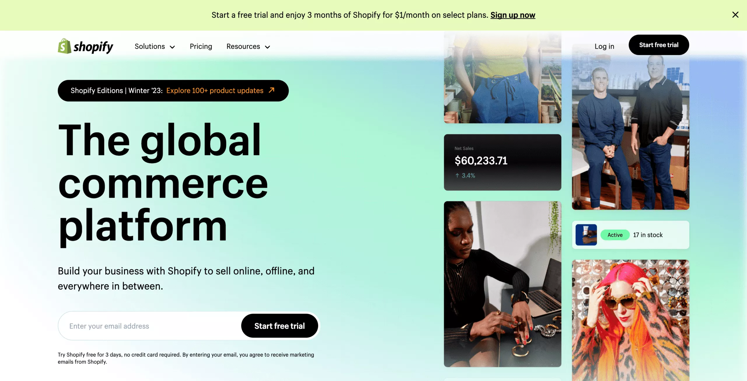 Shopify zawiera przycisk „Rozpocznij bezpłatny okres próbny” na swojej stronie głównej.