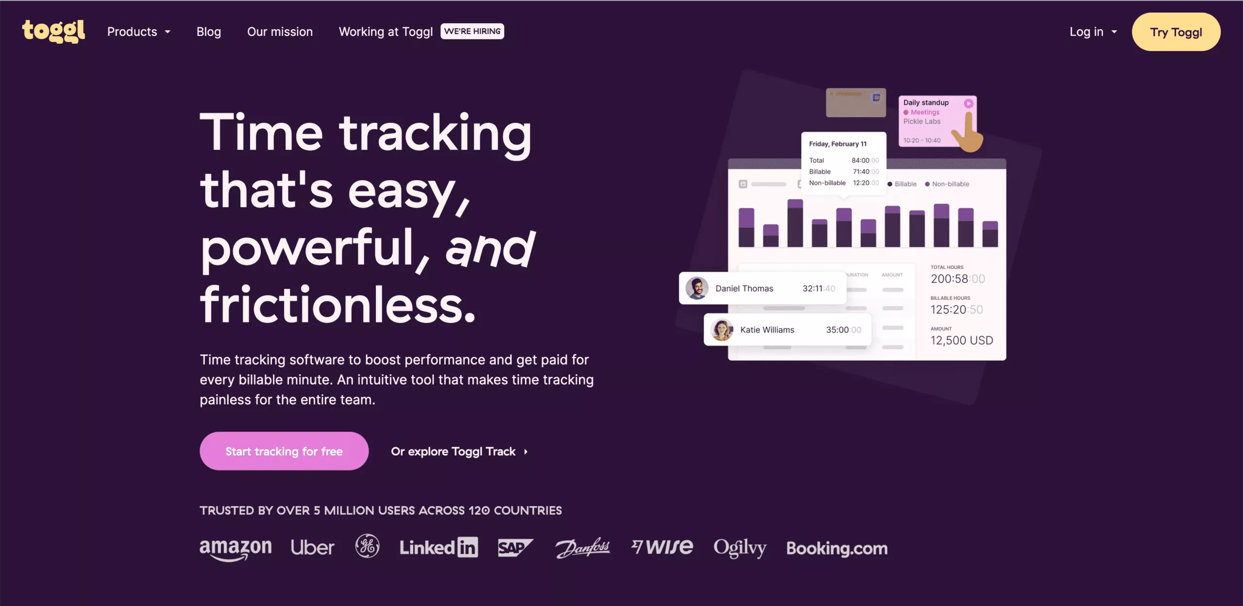 Toggl Track demonstruje wiele najlepszych praktyk projektowania stron internetowych SaaS