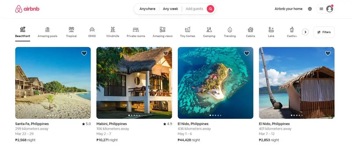 página inicial do airbnb