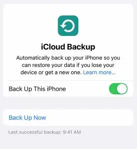 คลิกที่ iCloud Backup และเปิดสวิตช์สลับ iCloud Backup เพื่อโอนที่เก็บข้อมูล iphone ไปยัง icloud