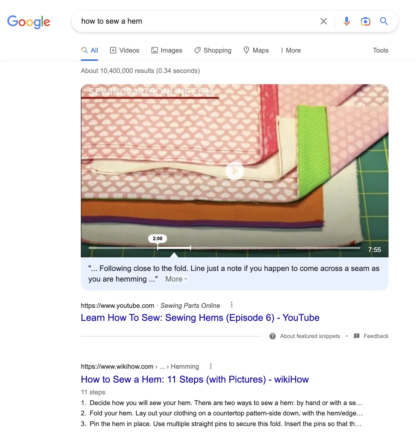 SERP 示例中的位置零视频