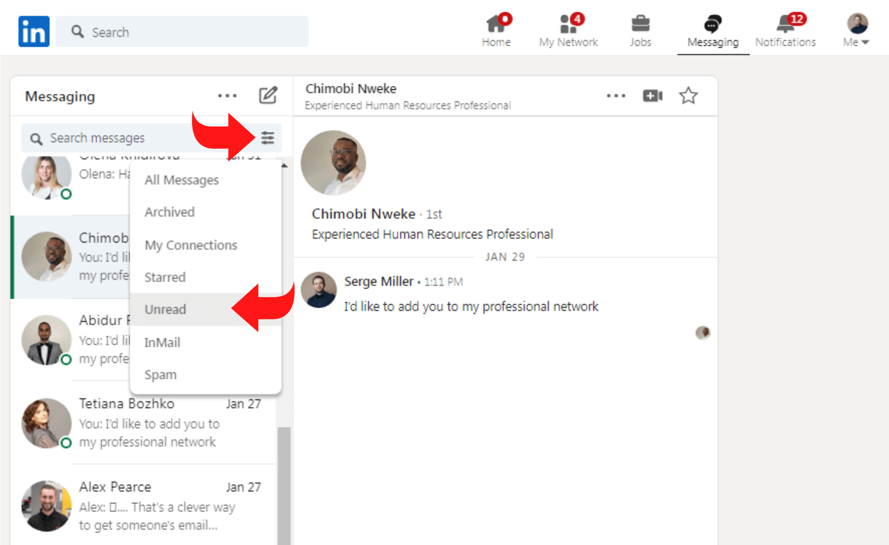 mensajes-filtros-no leídos-linkedin