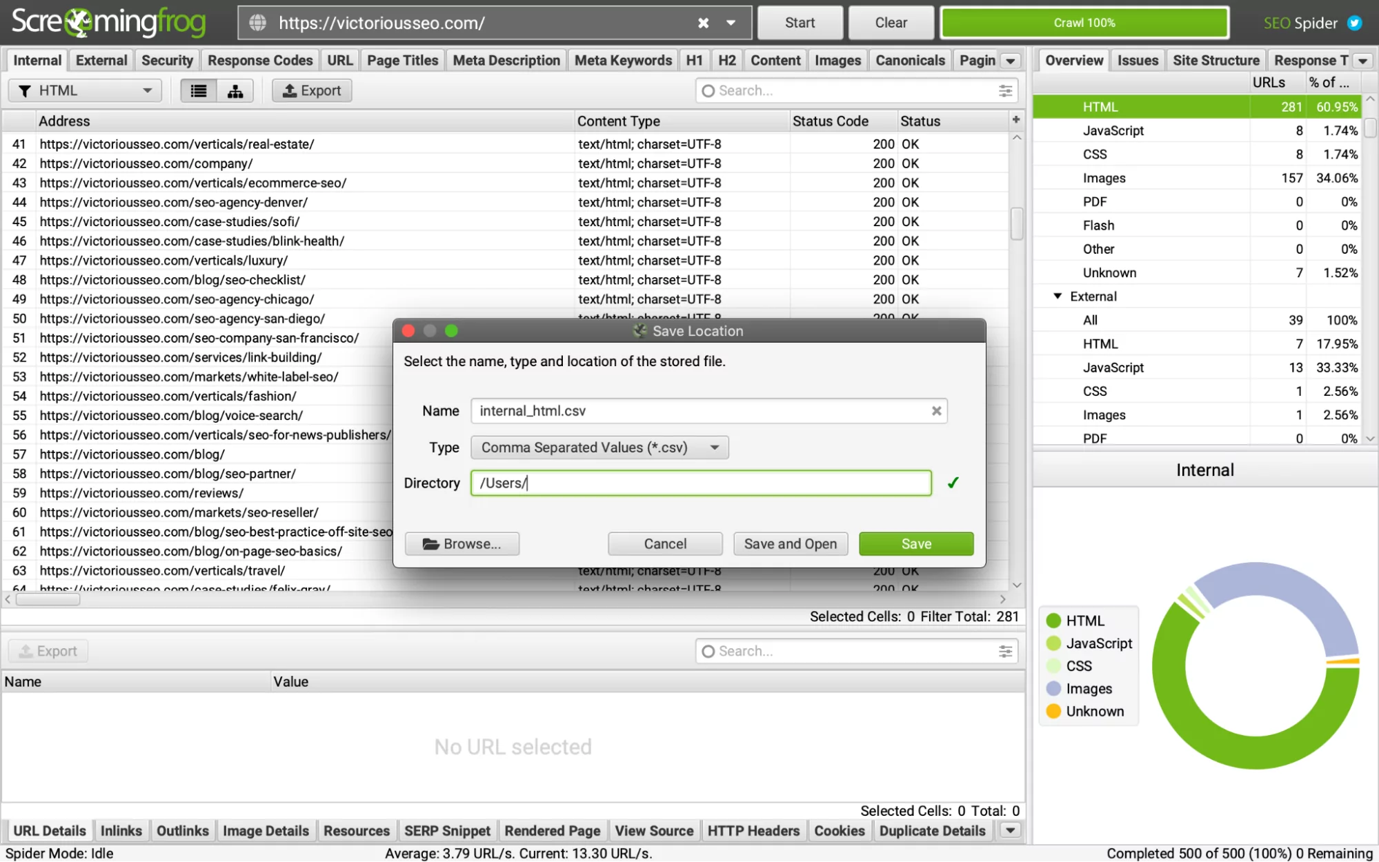 captura de pantalla de cómo usar screamingfrog para ayudar con el mapa de palabras clave mediante la exportación de URL