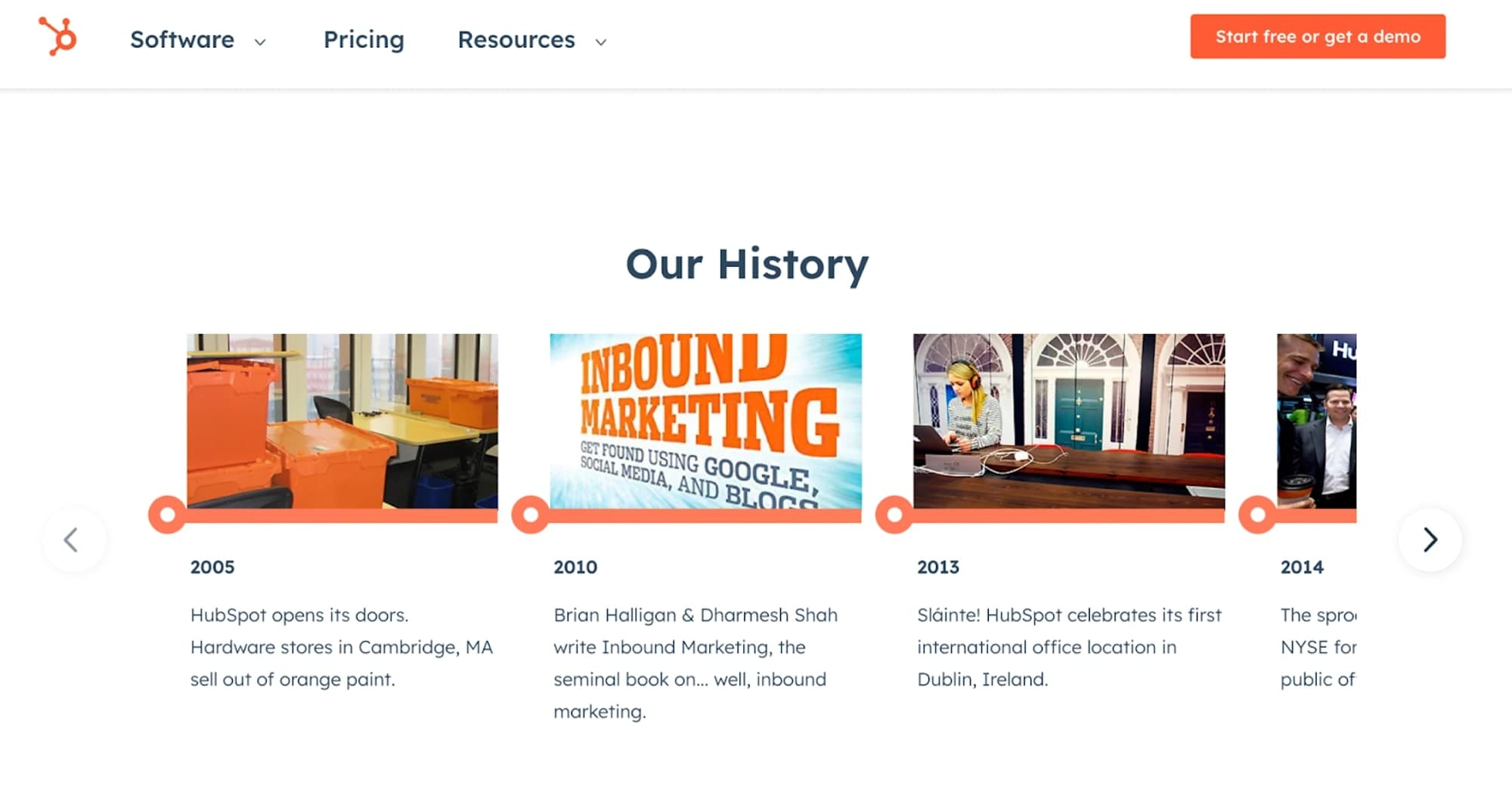 A página About Us da HubSpot está na marca e destaca os principais momentos da história da empresa.