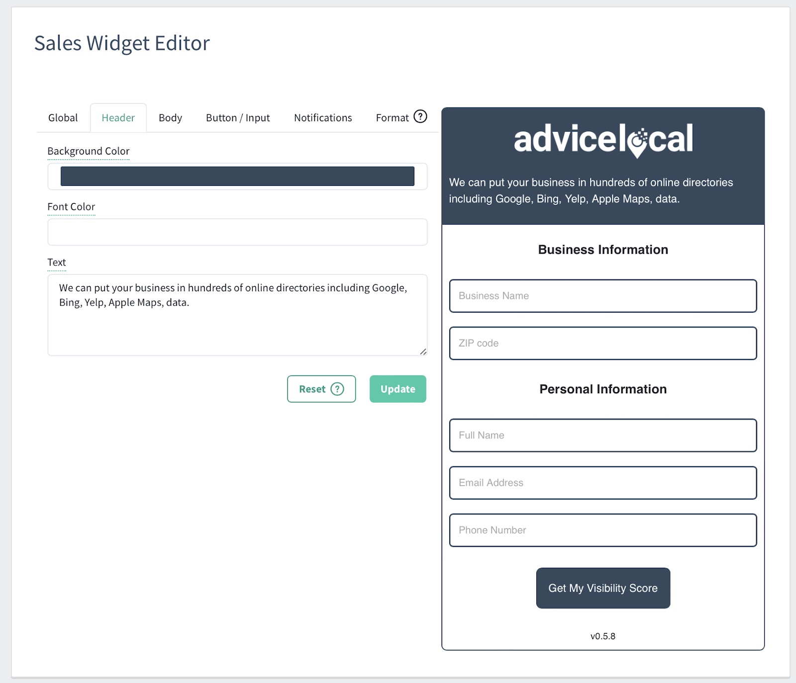 editor de widgets de ventas