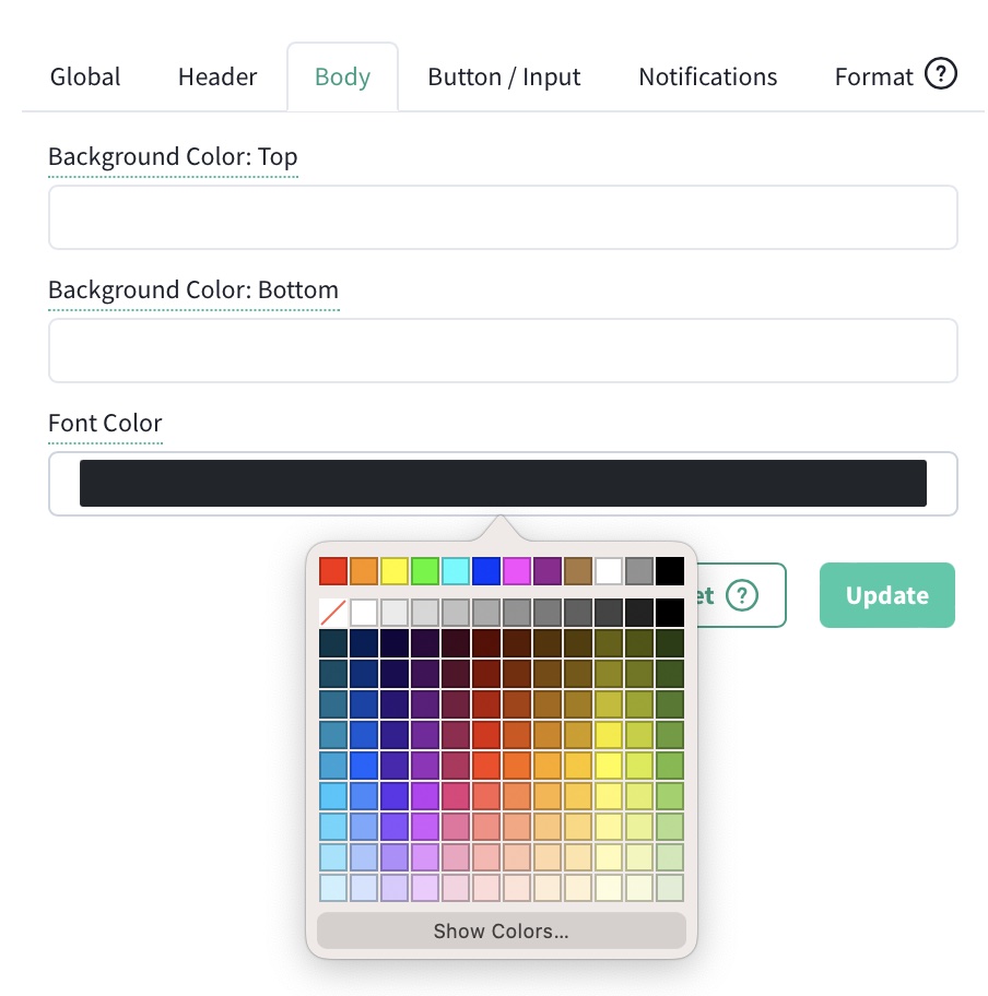 Opciones de color del widget de ventas