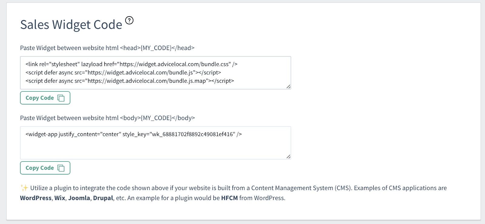 Código de widget de ventas