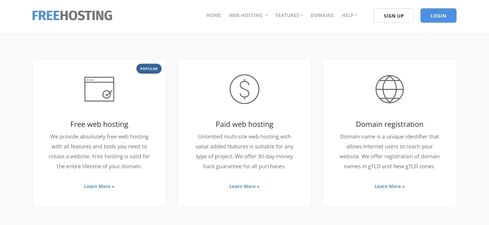 FreeHosting web sitesi ana sayfası