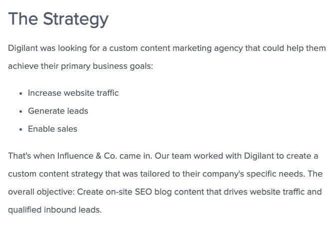 La stratégie : Digilant recherchait une agence de marketing de contenu personnalisé qui pourrait les aider à atteindre leurs principaux objectifs commerciaux : augmenter le trafic sur le site Web. Générer des prospects. Activer les ventes. C'est alors qu'Influence & Co. est intervenu. Notre équipe a travaillé avec Digilant pour créer une stratégie de contenu personnalisée adaptée aux besoins spécifiques de leur entreprise. L'objectif global : Créer un contenu de blog SEO sur site qui génère du trafic sur le site Web et des prospects entrants qualifiés.