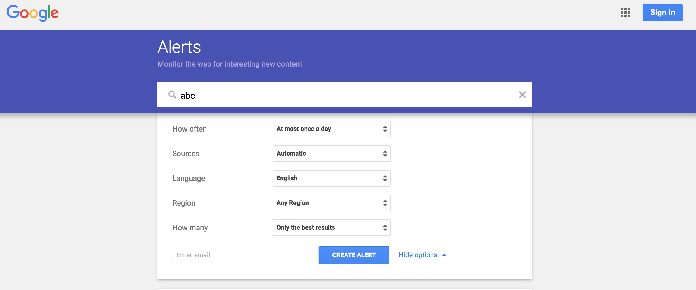 interfaz de alertas de google