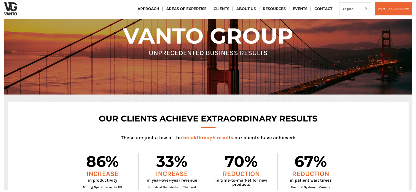 微妙的边框让您的网站元素更加突出，就像 Vanto Group 的主页截图一样，是与极简主义相结合以提供强大的网站设计体验的好方法。