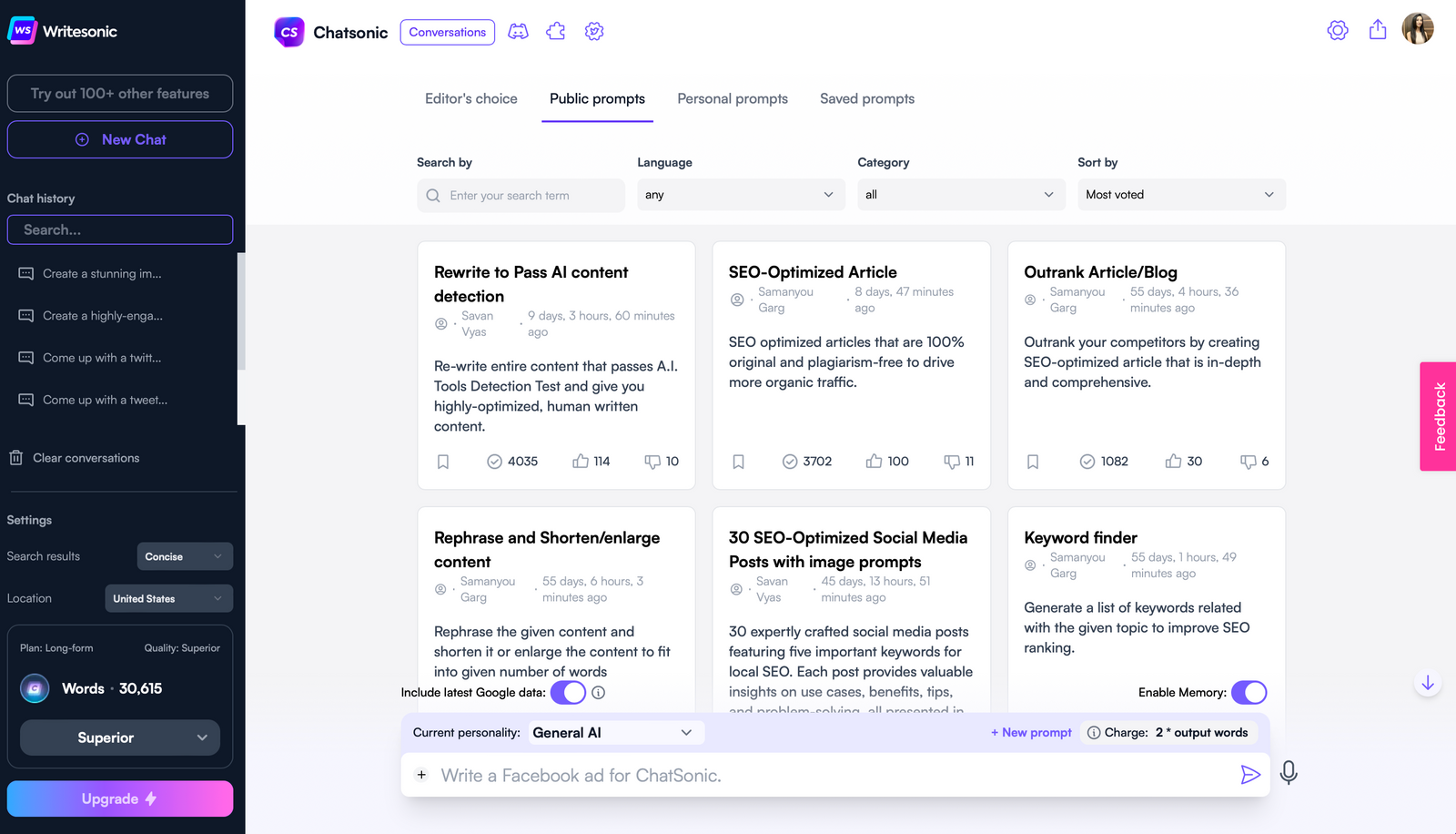 Chatsonic Bilgi İstemi Kitaplığı -