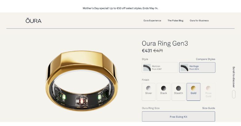 Oura はサイト上で適切なコミュニケーションを利用してユーザーにニュースレターに登録してもらいます