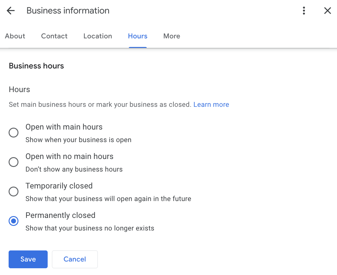 Google 프로필을 삭제하려면 폐업을 선택하세요.