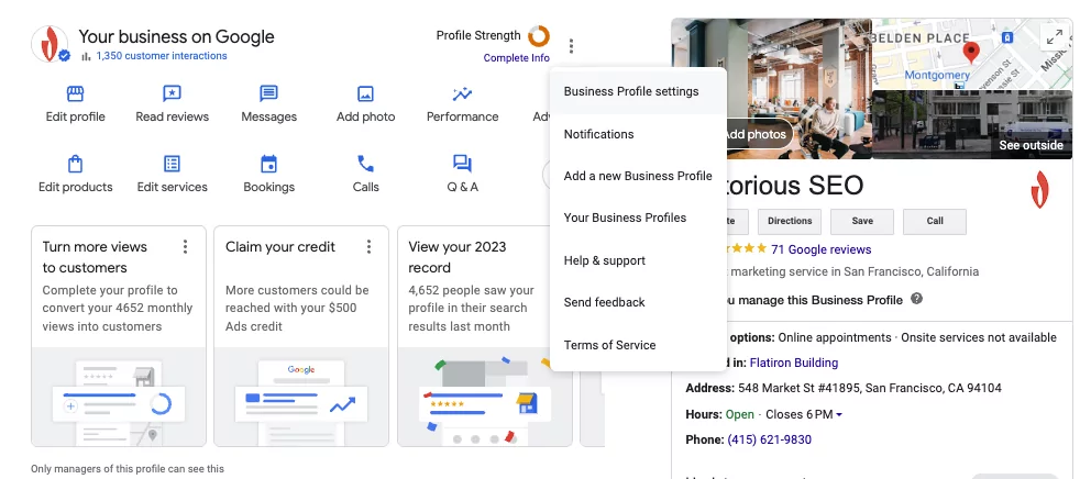 seps의 Google 비즈니스 프로필 대시보드; 비즈니스 프로필 설정 선택
