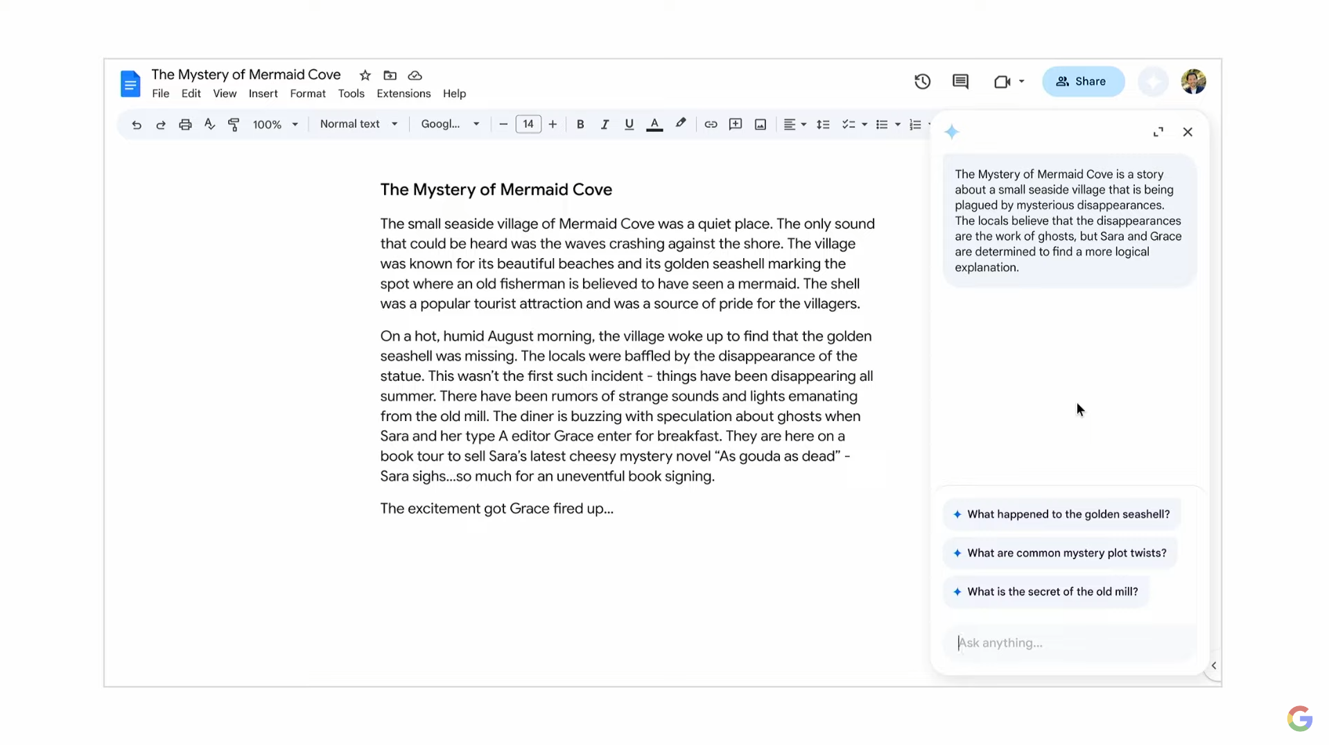 لقطة شاشة لـ Google Sidekick قيد الاستخدام في محرر المستندات