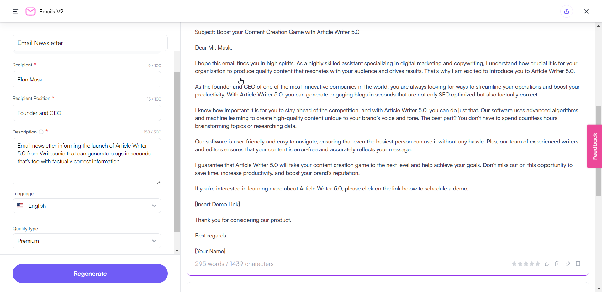 Writesonic Email Writer V2 - Comment rédiger une newsletter ?