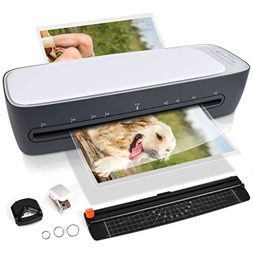 Plastificadora Máquina laminadora A3 de 13 polegadas, laminador térmico de mesa 9 em 1 nunca obstrui 12 bolsas laminadas, aparador de papel e arredondador de cantos, aquecimento rápido de 1 minuto para uso escolar em casa, cinza