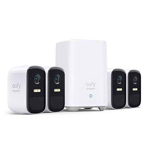 segurança eufy, kit eufyCam 2C Pro 4-Cam, sistema de segurança doméstica sem fio com resolução 2K, compatibilidade HomeKit, bateria com duração de 180 dias, IP67, visão noturna e sem taxa mensal.