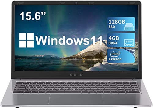 SGIN ノートパソコン 15.6 インチ、4GB DDR4 128GB SSD Windows 11 ノートパソコン、インテル Celeron クアッドコア J4105 (最大 2.5 GHz)、インテル UHD グラフィックス 600、ミニ HDMI、WiFi、ウェブカメラ、USB3.0、Bluetooth 4.2 搭載