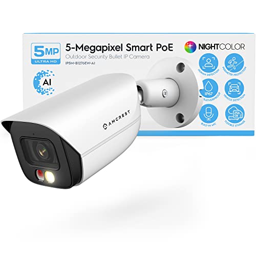 Amcrest Caméra IP PoE AI 5MP avec vision nocturne couleur de 49 pieds, caméra de sécurité extérieure, microphone intégré, détection des personnes et des véhicules, dissuasion active, 129 ° FOV, 5MP @ 20fps IP5M-B1276EW-AI (Blanc)