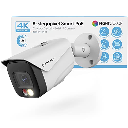 Amcrest UltraHD 4K (8MP) IP PoE AI Camera, FOV 129°, 49ft Color Nightvision, Security Outdoor Bullet Camera, Human & Vehicle Detection, Active Dissuasion, 4K @15fps, IP8M-2796EW-AI (Blanc)