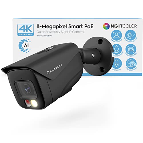 Amcrest UltraHD 4K (8MP) IP PoE AI Caméra, FOV 129°, 49ft Color Nightvision, Security Outdoor Bullet Camera, Human & Vehicle Detection, Active Dissuasion, 4K @15fps, IP8M-2796EB-AI (Noir)