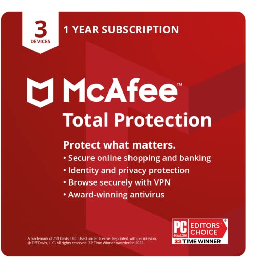 [Versão antiga] McAfee Total Protection 2022 | 3 Dispositivo | Software antivírus de segurança na Internet | VPN, Gerenciador de Senhas, Monitoramento Dark Web | Assinatura de 1 ano | Código de download