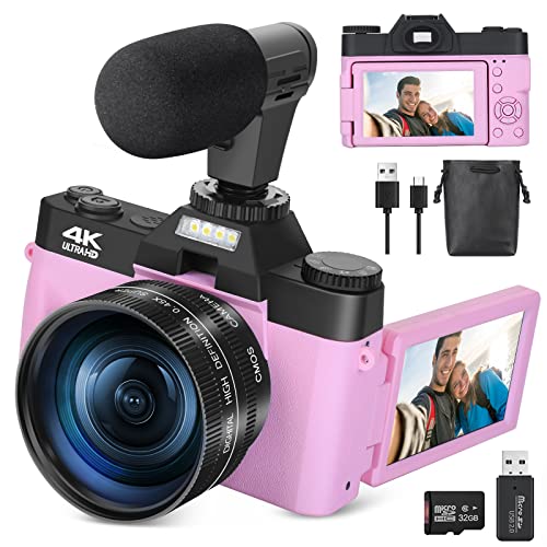 Monitech Fotocamere Digitali per Fotografia, Fotocamera Vlogging 48MP e 4K per YouTube, Videocamera con Obiettivi Grandangolari e Macro, Zoom Digitale 16X, Schermo Flip, Microfono Esterno, Scheda TF da 32GB - Rosa