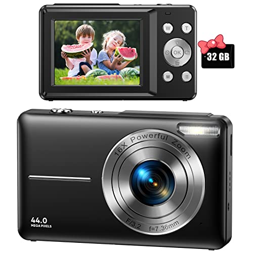 Fotocamera Digitale, Fotocamera Digitale FHD 1080P per Videocamera per Bambini con Scheda SD da 32 GB Zoom Digitale 16X, Fotocamera Compatta Inquadra e Scatta Piccola Fotocamera Portatile per Adolescenti Studenti Ragazzi Ragazze Anziani(Nero)