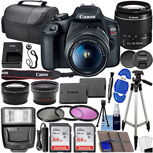 Pacchetto fotocamera DSLR Canon EOS Rebel T7 con obiettivo Canon EF-S 18-55mm f/3.5-5.6 is II + 2 schede di memoria SanDisk da 64 GB, obiettivo grandangolare, teleobiettivo, kit filtri 3pc + kit accessori