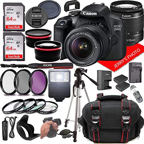 Fotocamera DSLR Canon EOS 2000D (Rebel T7) con obiettivo zoom Canon EF-S 18-55mm F/3.5-5.6 + custodia + memoria da 128 GB (pacco da 28 pezzi)