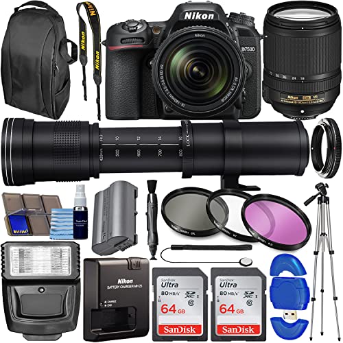 Fotocamera DSLR Nikon D7500 con obiettivo VR da 18-140 mm (1582) + obiettivo super zoom da 420-800 mm, memoria da 128 GB + kit filtri da 3 pezzi, zaino fotografico e altro