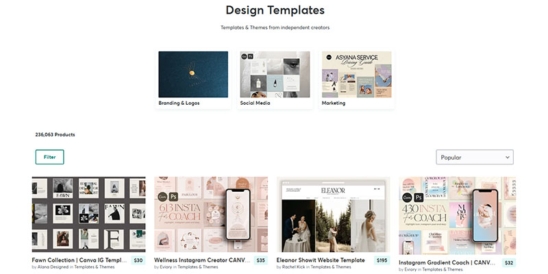 Creative Market のデザイン テンプレート ページ
