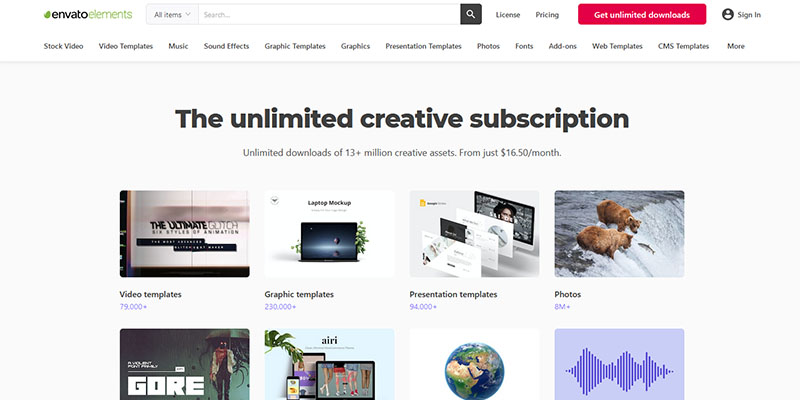 Envato Elements のホームページ