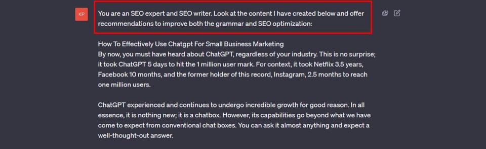 Captură de ecran ChatGPT despre SEO