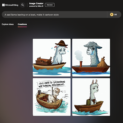 KI generierte einen traurigen Lama-Cartoon, der auf einem Boot abfährt