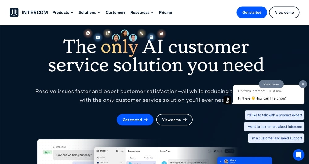 captura de pantalla del sitio web de Intercom