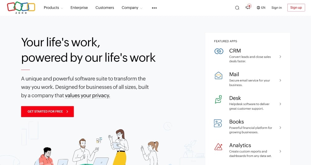 captura de pantalla del sitio web de Zoho