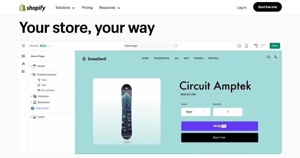 Captura de pantalla de la publicidad en la página de inicio de Shopify para crear una tienda personalizada