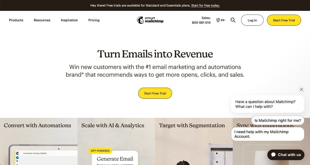 captura de pantalla del sitio web de Mailchimp