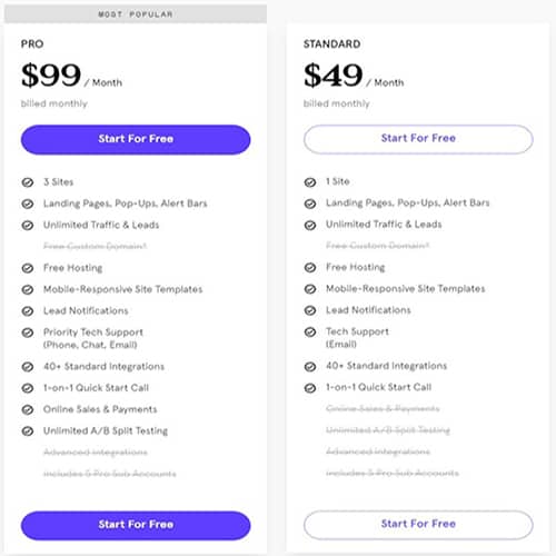 Ejemplo uno de precios de Leadpages