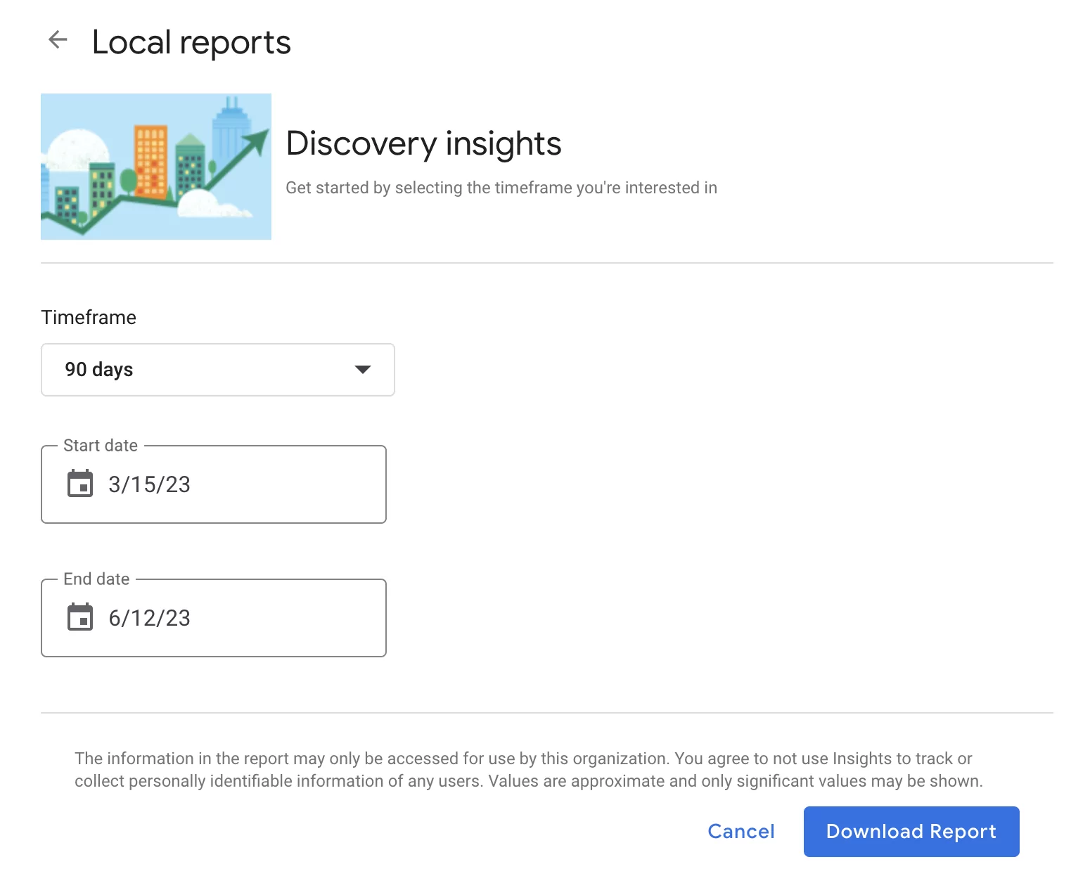 установить диапазон дат для GMB Insights