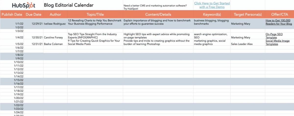 Contoh Kalender Editorial dari HubSpot