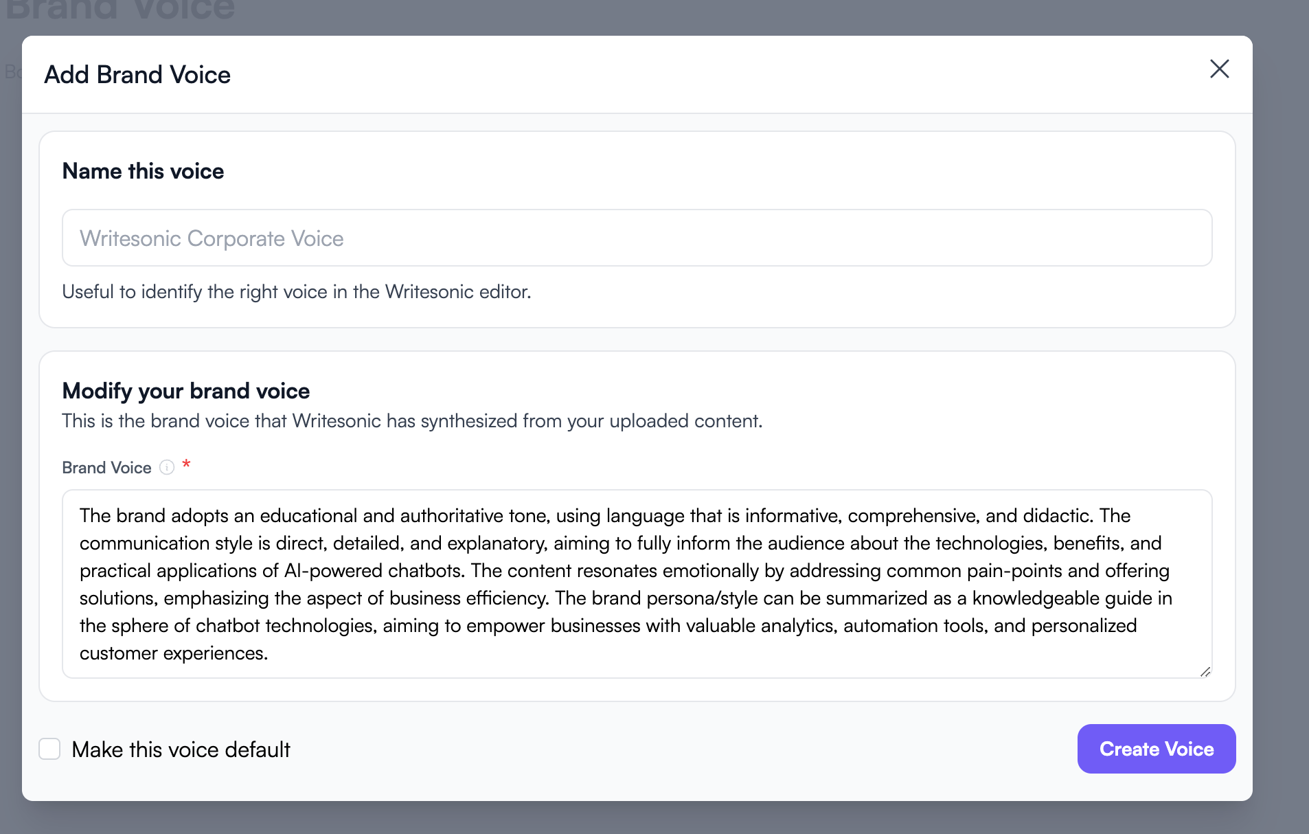 ميزة صوت العلامة التجارية Writesonic - أمثلة صوتية للعلامة التجارية
